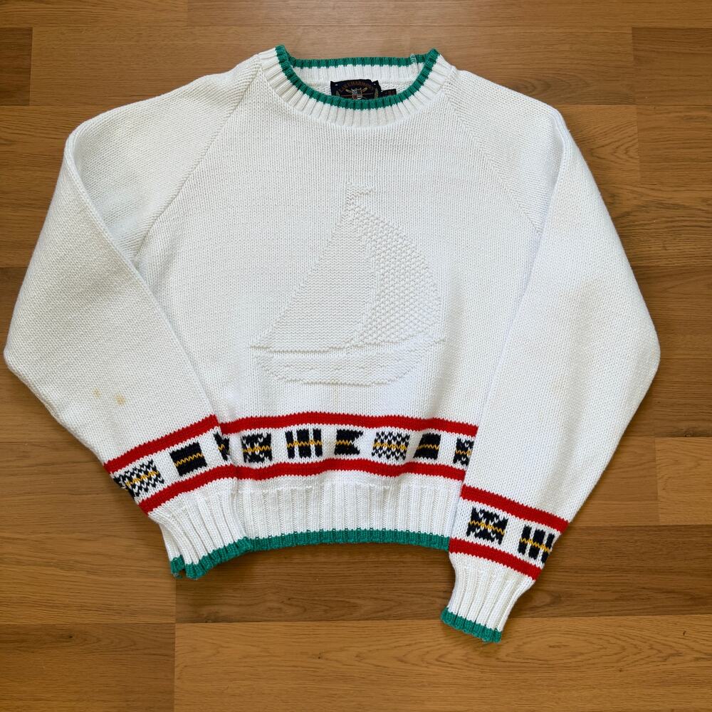 Women's Vintage 90's Lake Harmony Rowing Club Sail Boat White Knit Sweater Sz L